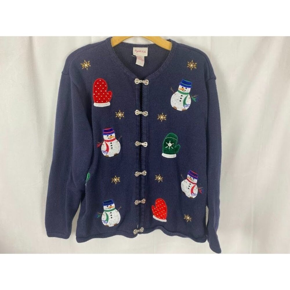 Crystal Kobe Navy Snowman Ugly Christmas Cardigan Sweater‎ Women's Large.